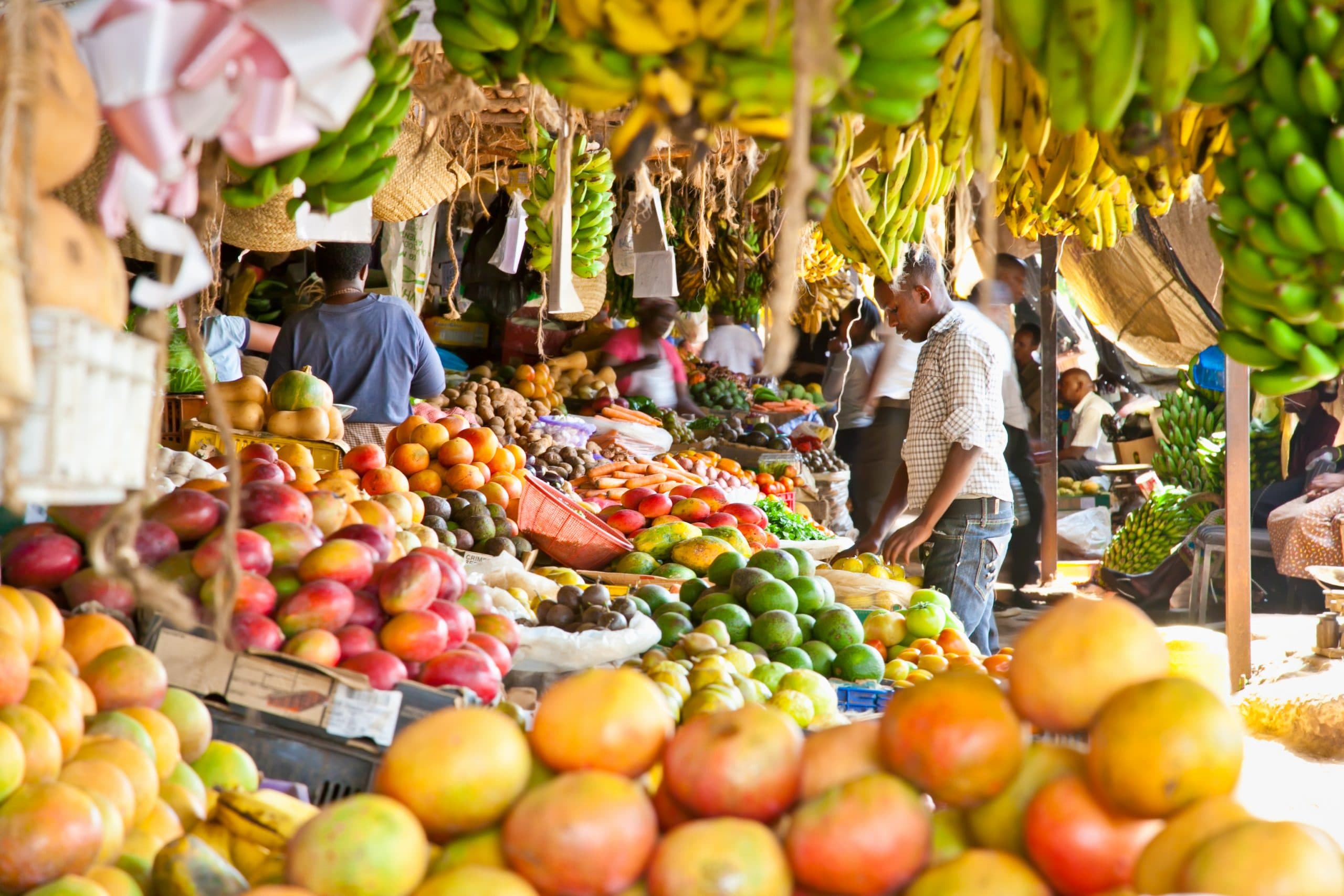 Crates of fresh fruits and vegetables at a local market